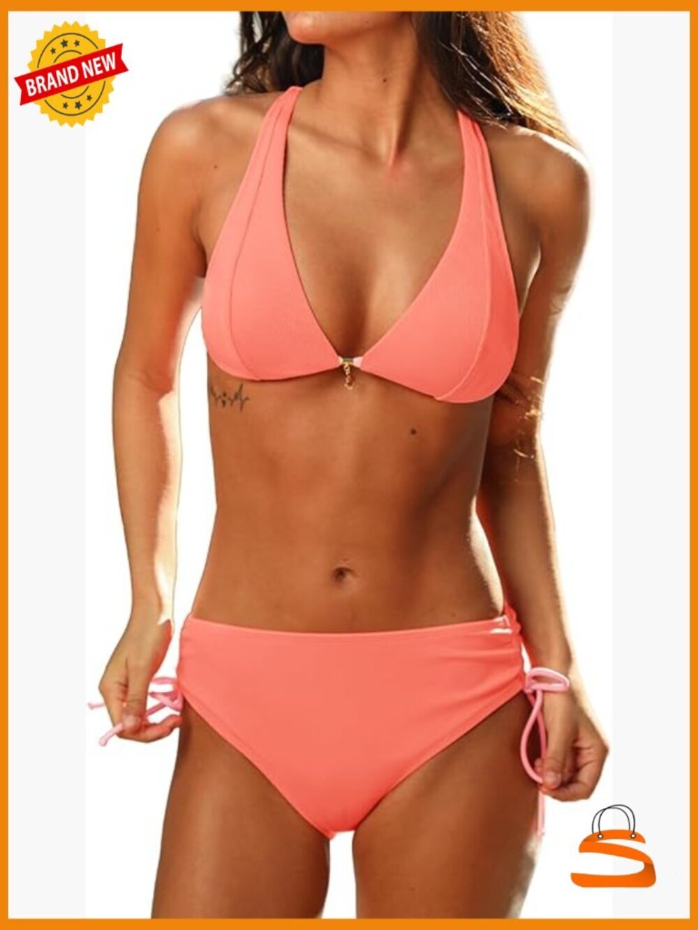 Women's V-Neck Bikini Set with Drawstring & Self Tie Back